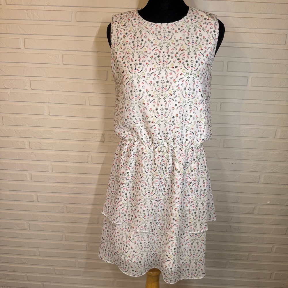 Cynthia Rowley White Floral Jewel Neck Tiered Mini Dress, Women’s Size XS
